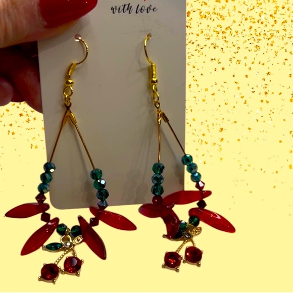 634. Chic Cherry 🍒 Red, Green and Gold Beaded Earrings - Picture 5 of 6